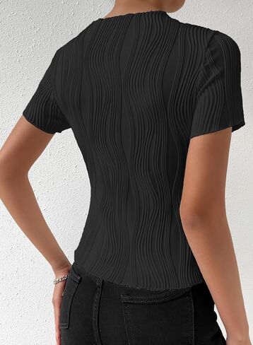 قمصان LOLONG النسائية ذات الأكمام القصيرة والرقبة الدائرية الكاجوال، بلوزات ذات ملمس سادة، قمصان ضيقة in Kuwait