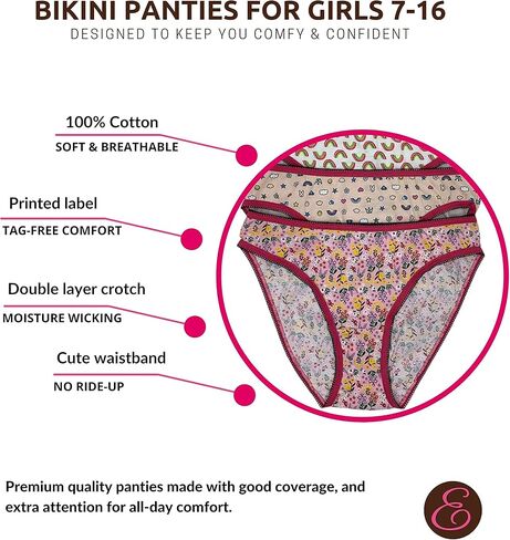 مجموعة الملابس الداخلية القطنية للفتيات من Esteez مقاس 7-16 - سراويل داخلية - قصة عالية - سراويل بيكيني - ألوان متنوعة in Kuwait