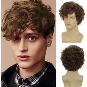 Amnenl Men Brown Curly Wig Short Wave Layered Fluffy Side Part Synthetic Wigs for Halloween Daily wig in Kuwait