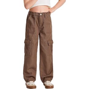 Verdusa Girl's Casual Elastic Waist Denim Cargo Pants Straight Trousers with Pocket