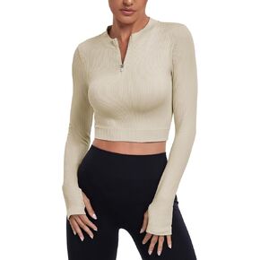 قمصان نسائية طويلة الأكمام للتمرين بنصف سحاب ورقبة واقفة تي شيرت مضلع بدون خياطة مع فتحات إبهام in Kuwait