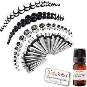 BodyJ4You 72PC Gauges Kit Aftercare Balm Jojoba Oil Wax 14G-00G Black White Acrylic Plugs Steel Tapers in Saudi Arabia