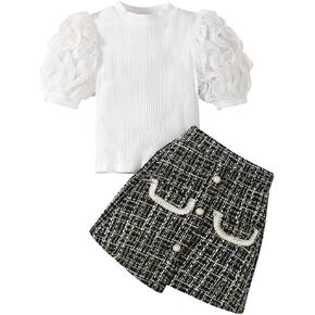 AMMENGBEI Toddler Little Girl Summer Outfits Puff Short Sleeve Tops Plaid Tweed Skirt Set Kids 2Pcs Fashion Clothes