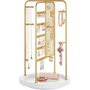 SONGMICS Jewelry Stand, Rotating Jewelry Display, 4 Independent Sections, Metal Frame, with Bottom Tray, Jewelry Organizer for Necklaces, Bracelets, Earrings, Rings, Gift Idea, Gold UJJS023A01