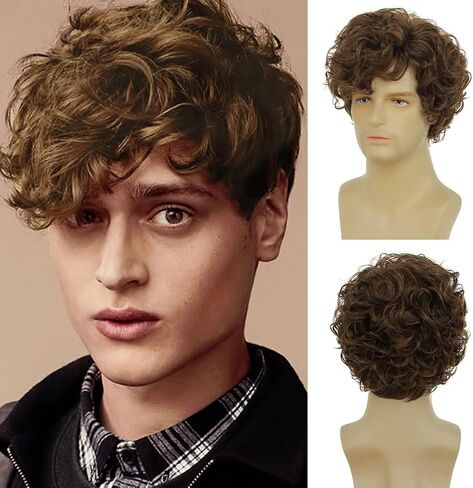 Amnenl Men Brown Curly Wig Short Wave Layered Fluffy Side Part Synthetic Wigs for Halloween Daily wig in Kuwait