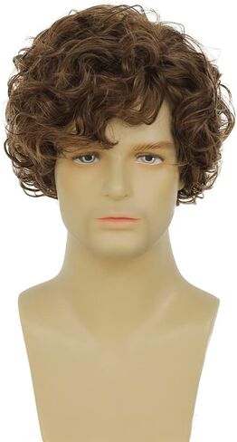 Amnenl Men Brown Curly Wig Short Wave Layered Fluffy Side Part Synthetic Wigs for Halloween Daily wig in Kuwait