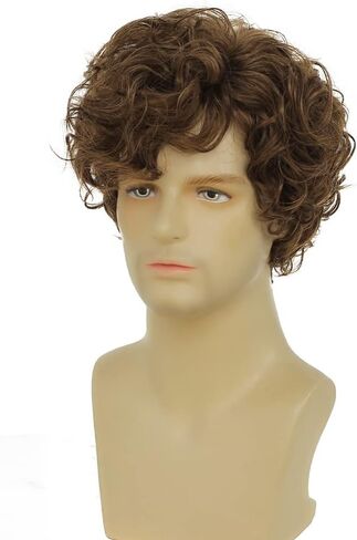 Amnenl Men Brown Curly Wig Short Wave Layered Fluffy Side Part Synthetic Wigs for Halloween Daily wig in Kuwait