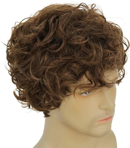 Amnenl Men Brown Curly Wig Short Wave Layered Fluffy Side Part Synthetic Wigs for Halloween Daily wig in Kuwait