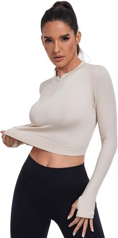 قمصان نسائية طويلة الأكمام للتمرين بنصف سحاب ورقبة واقفة تي شيرت مضلع بدون خياطة مع فتحات إبهام in Kuwait