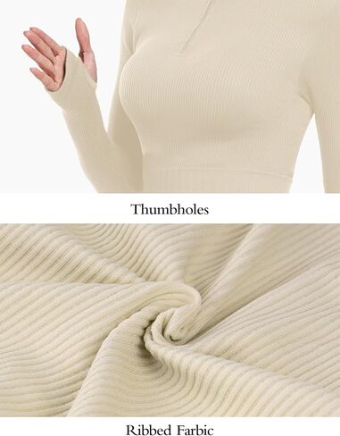 قمصان نسائية طويلة الأكمام للتمرين بنصف سحاب ورقبة واقفة تي شيرت مضلع بدون خياطة مع فتحات إبهام in Kuwait