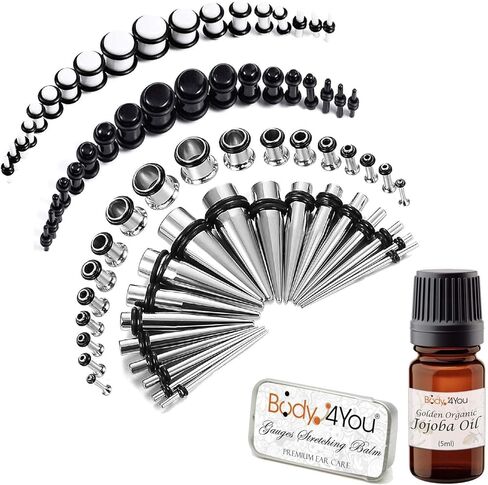 BodyJ4You 72 قطعة مجموعة مقاييس الرعاية اللاحقة بلسم زيت الجوجوبا الشمع 14G-00G أسود أبيض أكريليك المقابس الصلب التناقص التدريجي in Saudi Arabia
