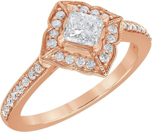 خاتم زفاف من La4ve Diamonds 3/4 قيراط من الذهب الوردي عيار 14 قيراط للأميرة وقطع دائرية من الألماس بتصميم زهور عتيق للنساء (I، I2) in Kuwait