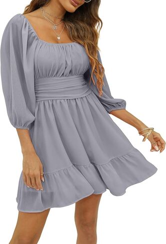 فساتين صيفية غير رسمية للسيدات من Haunt رابطة عنق مربعة من الخلف بخصر عالٍ وكشكشة شيفون على شكل حرف a بيبي دول فساتين شاطئ صغيرة in Kuwait