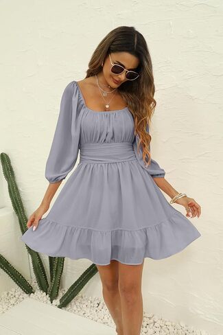 فساتين صيفية غير رسمية للسيدات من Haunt رابطة عنق مربعة من الخلف بخصر عالٍ وكشكشة شيفون على شكل حرف a بيبي دول فساتين شاطئ صغيرة in Kuwait