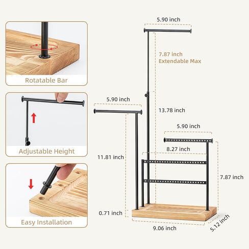 Zhithink Jewelry Holder Organizer Stand, Jewelry Organizer, 5 Tiers Jewelry Holder for Necklace Bracelet Ring, 66 Holes for Earings, Adjustable Tall 21.65'' ?Max?, Display Towers - Carbonized Color in Kuwait
