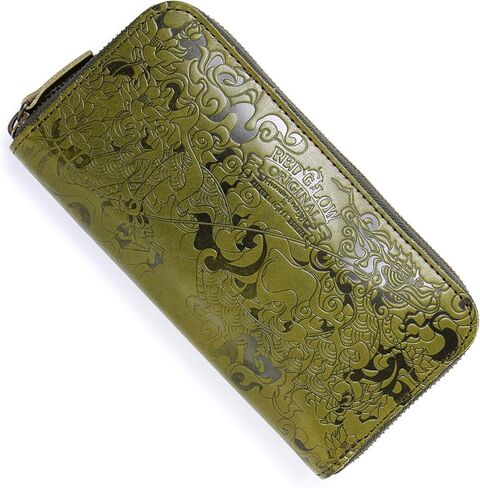 Red Glow RG-004 Men's Long Wallet, Made In Japan, Tochigi Leather, Genuine Leather, Round Zipper, Dragon Embossed, Japanese Pattern (Khaki) in Kuwait