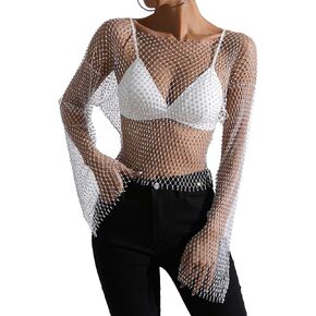 ELLEVEN Rhinestone Crystal Crop Top, Long Sleeve Mesh Body Chains See Through Cover up Sparkly Glitter Shirt Party Club Wear