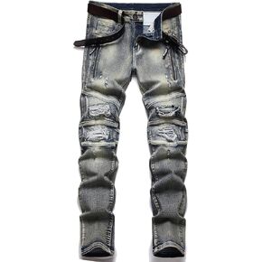 XIMXIMMTIAN Men's Biker Moto Washed Distressed Slim Fit Straight Jeans Denim