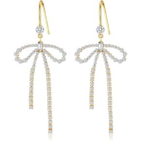 Kesaplan Gold Statement Bow Earrings 925 Sterling Silver Bow Dangly Earrings Cute Sparkly Earrings for Gift