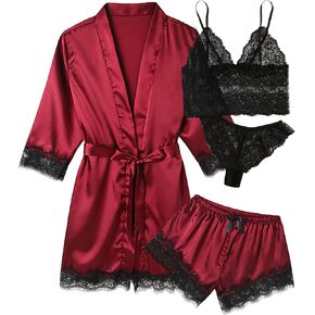 طقم بيجامات حريرية من الساتان للنساء من VickyBelle مكون من 4 قطع ملابس نوم داخلية من الدانتيل الزهري مع رداء in Kuwait