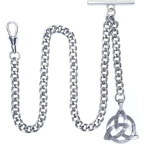 Albert Chain Silver Tone Pocket Watch Chain Vest Chain with Celtic Knot Design Fob on Drop T Bar Swivel Clip AC225, Silver, Art Deco in Kuwait