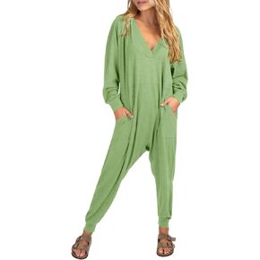 DEEP SELF Womens Long Sleeve Jumpsuit Casual Loose Fit Baggy Overalls Comfy V Neck Harem Jumpsuits Romper with Pockets