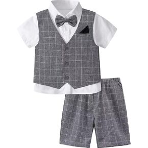 A&J DESIGN Boys' 3-Piece Suits Set Vest & Pocket Square & Shorts & Bow Tie (4-11 Years)