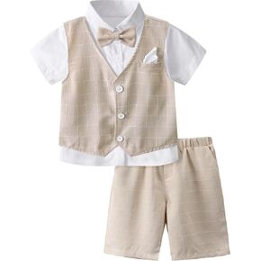 A&J DESIGN Boys' 3-Piece Suits Set Vest & Pocket Square & Shorts & Bow Tie (4-11 Years)