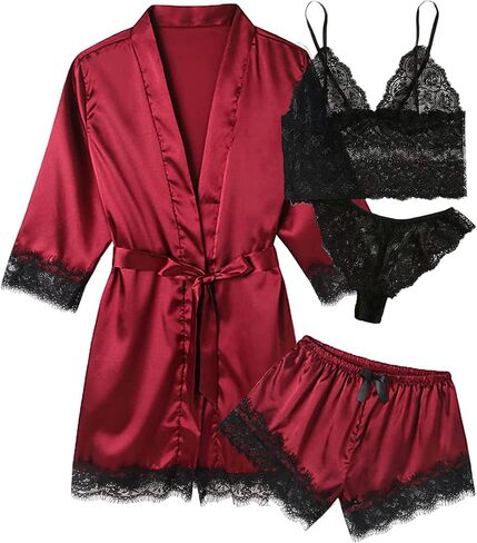 طقم بيجامات حريرية من الساتان للنساء من VickyBelle مكون من 4 قطع ملابس نوم داخلية من الدانتيل الزهري مع رداء in Kuwait