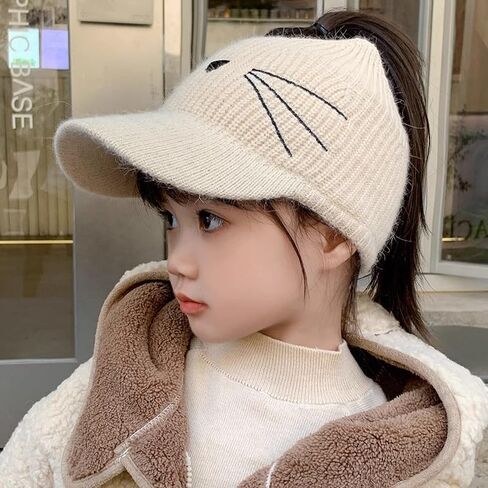 Toddlers Knit Beanie Hat for Baby Girl Winter-Warm Elastic Sports Empty-Top Ponytail Visor Cap for Tennis Running in Saudi Arabia