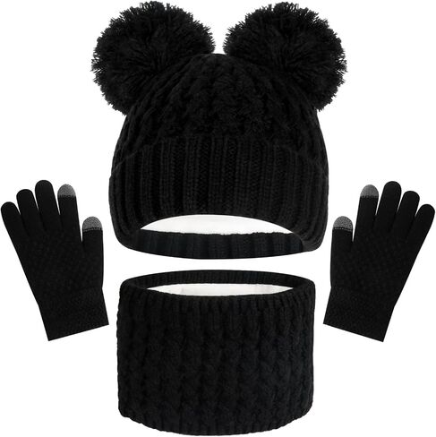 Kids Winter Beanie Hat Scarf Touchscreen Gloves Set, Fleece Lining Boys Girls Winter Hat Neck Warmer Gloves for 1-6 Years in Saudi Arabia