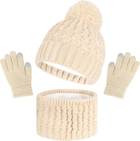 Kids Winter Beanie Hat Scarf Touchscreen Gloves Set, Fleece Lining Boys Girls Winter Hat Neck Warmer Gloves for 1-6 Years in Saudi Arabia