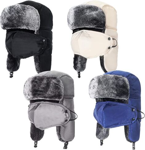 4 Pcs Trapper Hat Windproof Winter Hats for Men Women Unisex Warm Fur Hat with Mask Chin Strap Ear Flap Russian Style Ushanka Hat for Cold Weather Hunting Ski, 4 Colors in Saudi Arabia