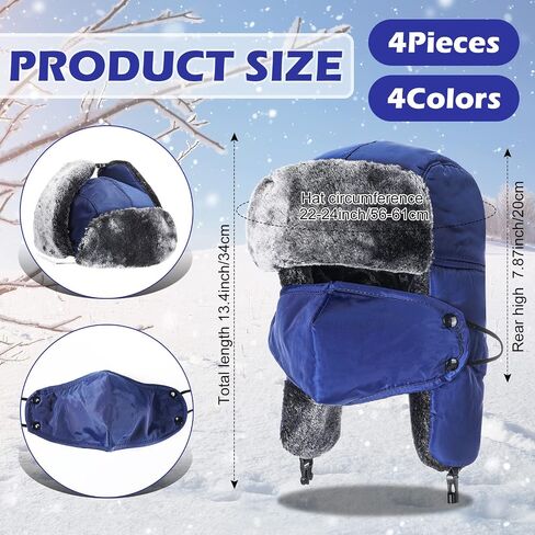 4 Pcs Trapper Hat Windproof Winter Hats for Men Women Unisex Warm Fur Hat with Mask Chin Strap Ear Flap Russian Style Ushanka Hat for Cold Weather Hunting Ski, 4 Colors in Saudi Arabia