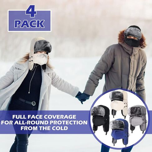 4 Pcs Trapper Hat Windproof Winter Hats for Men Women Unisex Warm Fur Hat with Mask Chin Strap Ear Flap Russian Style Ushanka Hat for Cold Weather Hunting Ski, 4 Colors in Saudi Arabia
