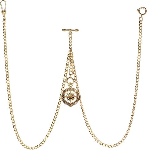 TREEWETO Men's Double Albert Chain Pocket Watch Curb Link Key Chain 3 Hooks with Antique Compass Pendant Design Charm Fob T Bar in Saudi Arabia