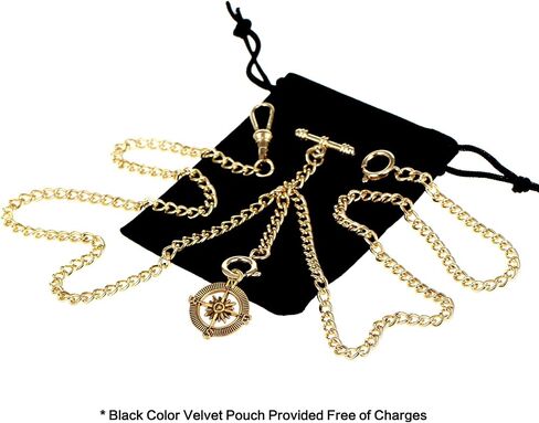 TREEWETO Men's Double Albert Chain Pocket Watch Curb Link Key Chain 3 Hooks with Antique Compass Pendant Design Charm Fob T Bar in Saudi Arabia