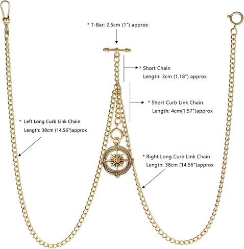 TREEWETO Men's Double Albert Chain Pocket Watch Curb Link Key Chain 3 Hooks with Antique Compass Pendant Design Charm Fob T Bar in Saudi Arabia