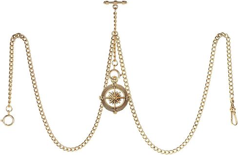 TREEWETO Men's Double Albert Chain Pocket Watch Curb Link Key Chain 3 Hooks with Antique Compass Pendant Design Charm Fob T Bar in Saudi Arabia