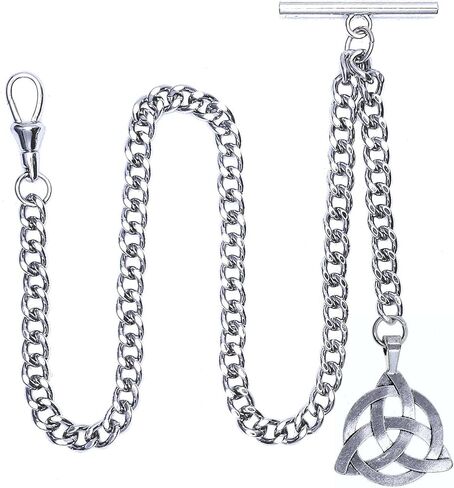 Albert Chain Silver Tone Pocket Watch Chain Vest Chain with Celtic Knot Design Fob on Drop T Bar Swivel Clip AC225, Silver, Art Deco in Kuwait