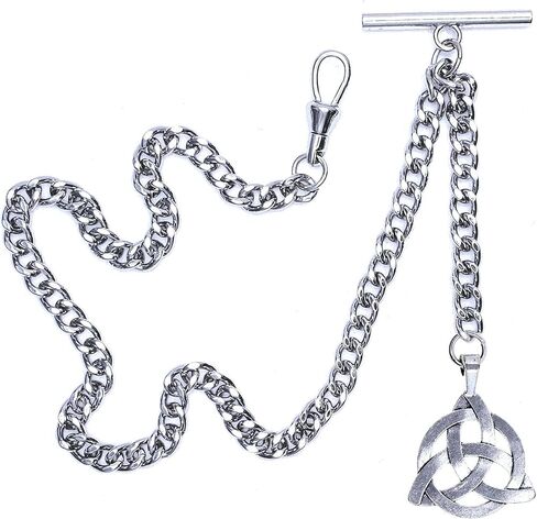 Albert Chain Silver Tone Pocket Watch Chain Vest Chain with Celtic Knot Design Fob on Drop T Bar Swivel Clip AC225, Silver, Art Deco in Kuwait