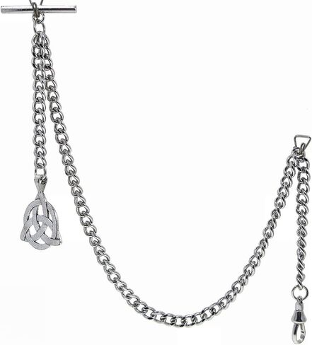 Albert Chain Silver Tone Pocket Watch Chain Vest Chain with Celtic Knot Design Fob on Drop T Bar Swivel Clip AC225, Silver, Art Deco in Kuwait
