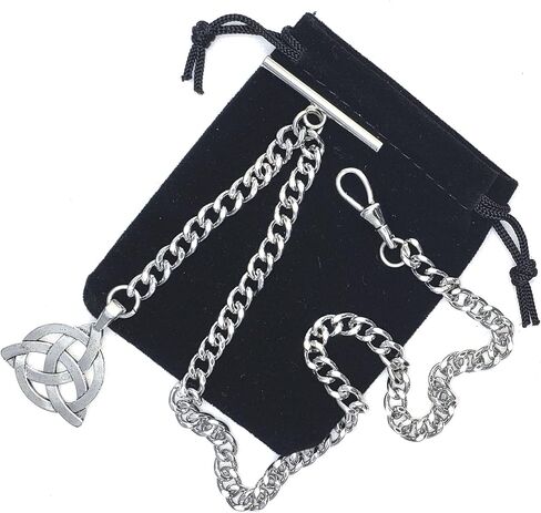Albert Chain Silver Tone Pocket Watch Chain Vest Chain with Celtic Knot Design Fob on Drop T Bar Swivel Clip AC225, Silver, Art Deco in Kuwait