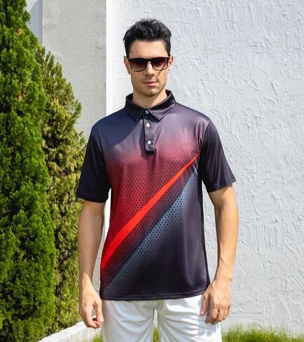 uideazone Mens Golf Shirt Dry Fit Athletic Polo Shirts Moisture Wicking Performance 3D Print Short Sleeve in Kuwait