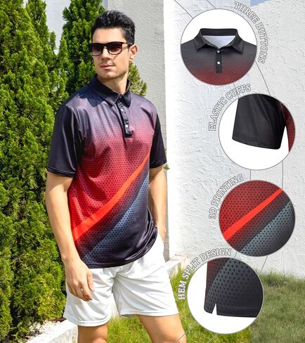 uideazone Mens Golf Shirt Dry Fit Athletic Polo Shirts Moisture Wicking Performance 3D Print Short Sleeve in Kuwait