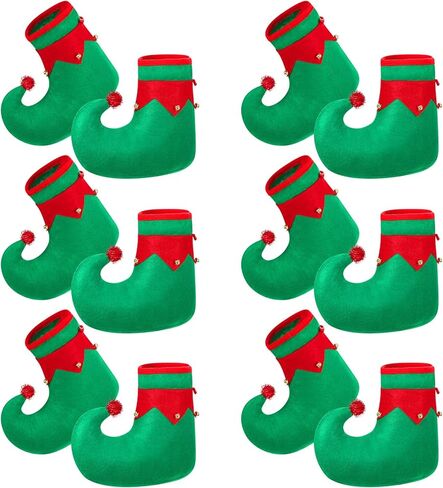 Kigeli 6 Pairs Christmas Elf Shoes for Kids Felt Elf Slippers Red and Green Clown Shoes with Bells Christmas Shoes Santa Elf Costume Shoes Elf Costume Accessories for Party Costume Supplies in Kuwait