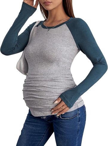 Milumia Women's Maternity Color Block Raglan Long Sleeve T-Shirts Ruched Crew Neck Tee Tops in Saudi Arabia