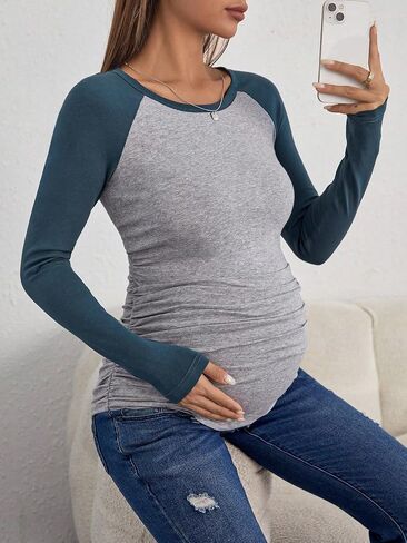 Milumia Women's Maternity Color Block Raglan Long Sleeve T-Shirts Ruched Crew Neck Tee Tops in Saudi Arabia