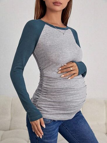 Milumia Women's Maternity Color Block Raglan Long Sleeve T-Shirts Ruched Crew Neck Tee Tops in Saudi Arabia