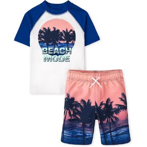 The Children's Place Boys' Short Sleeve Rash Guard and Swim Trunk 2-Piece Set, Quench Blue, Large in Kuwait